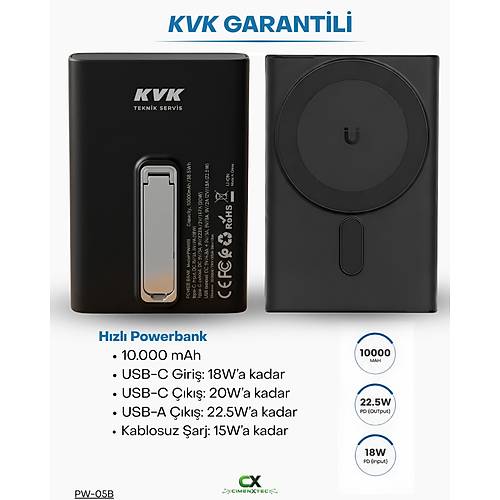 10.000 mAh 22,5W Kablosuz �arj Destekli Powerbank Siyah - PW-05B