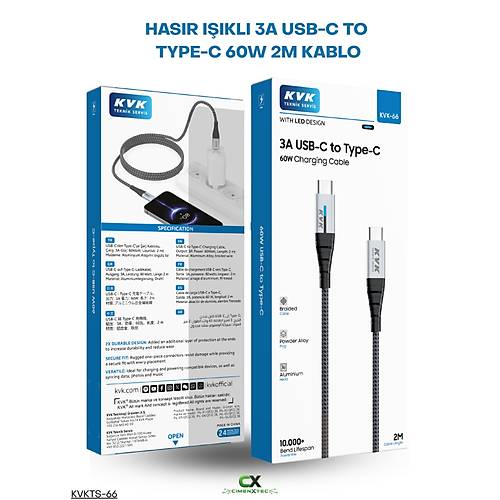 KVK 60W USB-C to USB-C 3A I��kl� Has�r �arj ve Data Kablosu 2 Metre � KVKTS-66