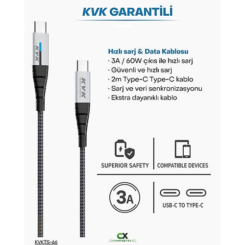 KVK 60W USB-C to USB-C 3A I��kl� Has�r �arj ve Data Kablosu 2 Metre � KVKTS-66