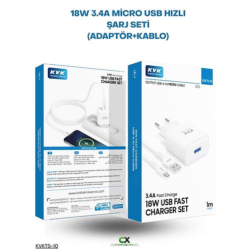 Micro-USB 3.4A 18W �arj Seti � Adapt�r ve 1 Metre Kablo