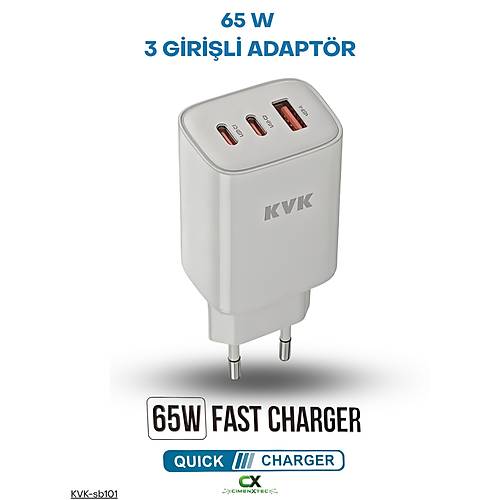 65W 3 Portlu H�zl� �arj Adapt�r� � 2 USB-C + 1 USB-A � KVK-SB101