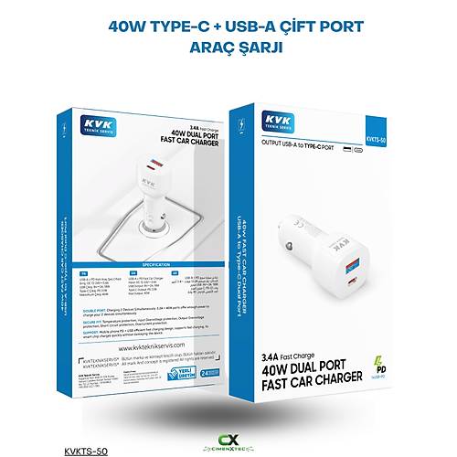 Ara� �arj Adapt�r� 40W USB-C PD ve USB-A �ift Portlu