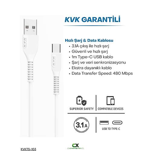 USB-A � USB Type-C 3.1A 1 Metre �arj ve Veri Kablosu