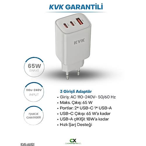 65W 3 Portlu H�zl� �arj Adapt�r� � 2 USB-C + 1 USB-A � KVK-SB101