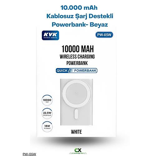 10.000 mAh 22,5W Kablosuz �arj Destekli Powerbank Beyaz - PW-05W
