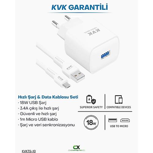 Micro-USB 3.4A 18W �arj Seti � Adapt�r ve 1 Metre Kablo
