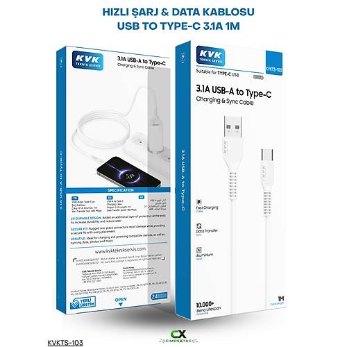 USB-A � USB Type-C 3.1A 1 Metre �arj ve Veri Kablosu