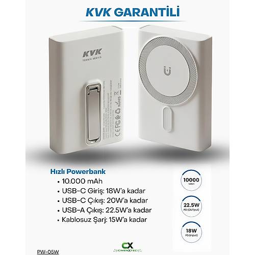 10.000 mAh 22,5W Kablosuz �arj Destekli Powerbank Beyaz - PW-05W