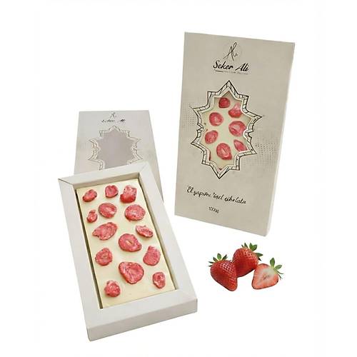 Beyaz �ilek par�ac�kl� bel�ika �ikolatas� tablet 100g e