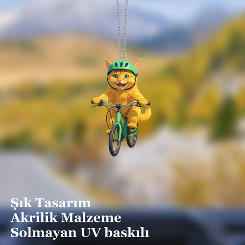 Araba Ayna S�s�, Araba S�s�, �anta Aksesuar� - Bisikletli Kedi - Pleksi Malzeme, UV Bask�l� - 003