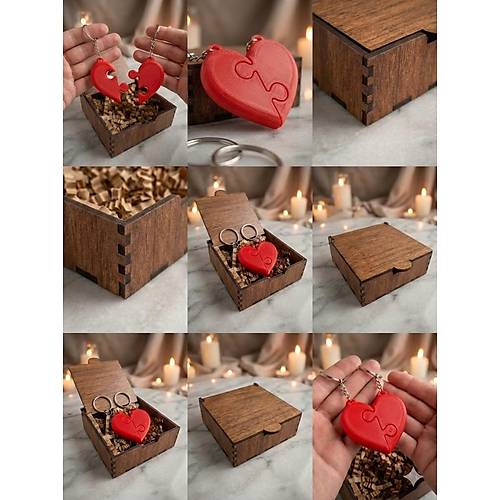 �zel Ah�ap Kutusunda �rg� Desenli �kili Puzzle Kalp Anahtarl�k � Sevgililer G�n� �zel Hediyesi