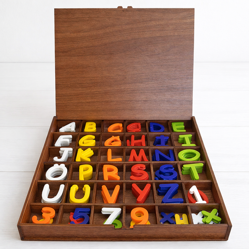 Ah�ap Kutulu Renkli Alfabe, Rakam ve ��lem Seti (PLA � E�itici Oyuncak)