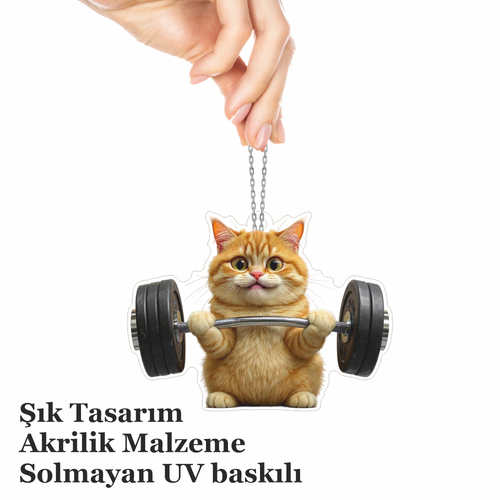 Araba Ayna S�s�, Araba S�s�, �anta Aksesuar� - Halterci Kedi - Pleksi Malzeme, UV Bask�l� - 001