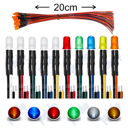 12V 5mm Diff�z Led 20 Cm Led Renklerine G�re Kablo Rengi