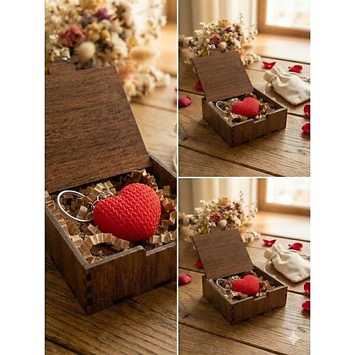 �zel Ah�ap Kutusunda �rg� Desenli K�rm�z� Kalp Anahtarl�k � Sevgililer G�n� �zel Hediyesi