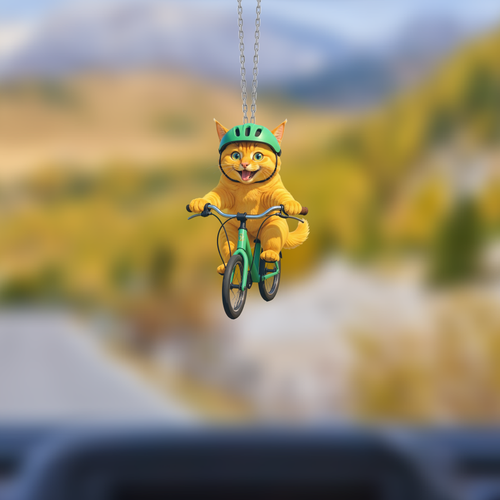 Araba Ayna S�s�, Araba S�s�, �anta Aksesuar� - Bisikletli Kedi - Pleksi Malzeme, UV Bask�l� - 003