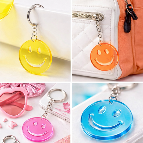 Smile 5 Adet Renkli �effaf Pleksi Anahtarl�k - Canl� Neon Renkli G�len Y�z (Trend �anta S�s�)