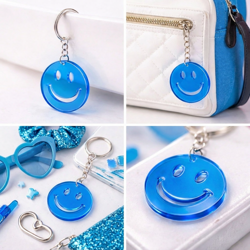 Smile Mavi �effaf Pleksi Anahtarl�k - Canl� Neon Renkli G�len Y�z (Trend �anta S�s�)