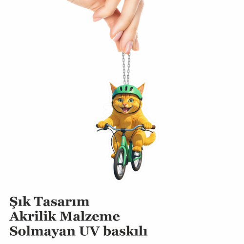 Araba Ayna S�s�, Araba S�s�, �anta Aksesuar� - Bisikletli Kedi - Pleksi Malzeme, UV Bask�l� - 003