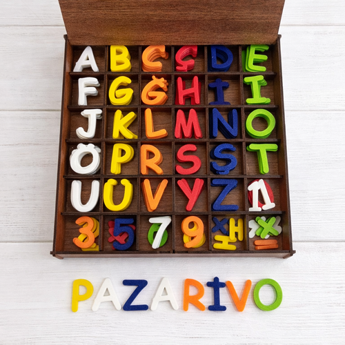 Ah�ap Kutulu Renkli Alfabe, Rakam ve ��lem Seti (PLA � E�itici Oyuncak)