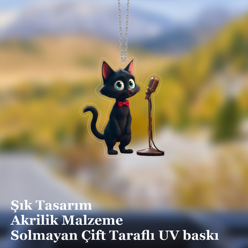 Araba Ayna S�s�, Araba S�s�, �anta Aksesuar� - �ark�c� Kedi - Pleksi Malzeme, UV Bask�l� - 022
