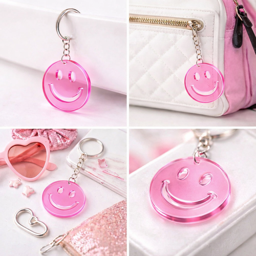 Smile Pembe �effaf Pleksi Anahtarl�k - Canl� Neon Renkli G�len Y�z (Trend �anta S�s�)