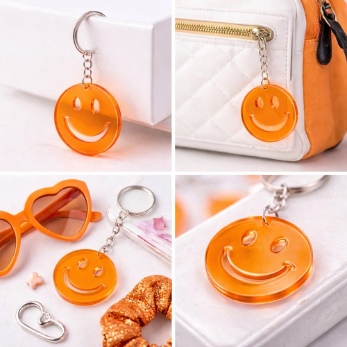 Smile Turuncu �effaf Pleksi Anahtarl�k - Canl� Neon Renkli G�len Y�z (Trend �anta S�s�)