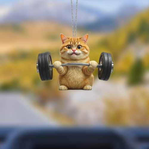 Araba Ayna S�s�, Araba S�s�, �anta Aksesuar� - Halterci Kedi - Pleksi Malzeme, UV Bask�l� - 001