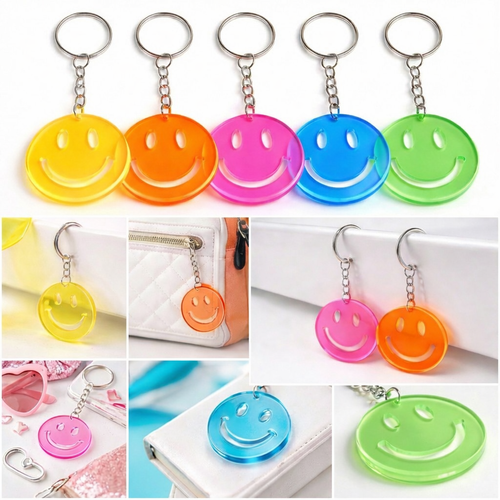 Smile 5 Adet Renkli �effaf Pleksi Anahtarl�k - Canl� Neon Renkli G�len Y�z (Trend �anta S�s�)