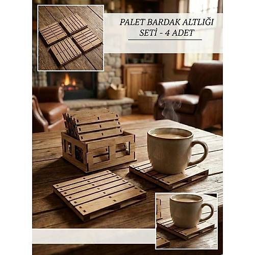 Ah�ap Palet Tasar�ml� 4'l� Bardak Altl��� Seti