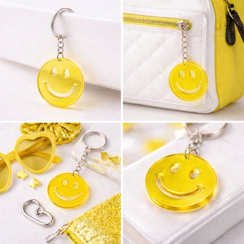 Smile Sar� �effaf Pleksi Anahtarl�k - Canl� Neon Renkli G�len Y�z (Trend �anta S�s�)