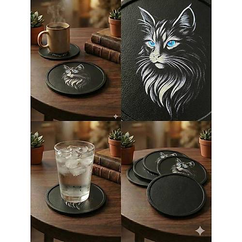 Kedi Fig�rl� Modern Tasar�m 6'l� Bardak Altl��� Seti