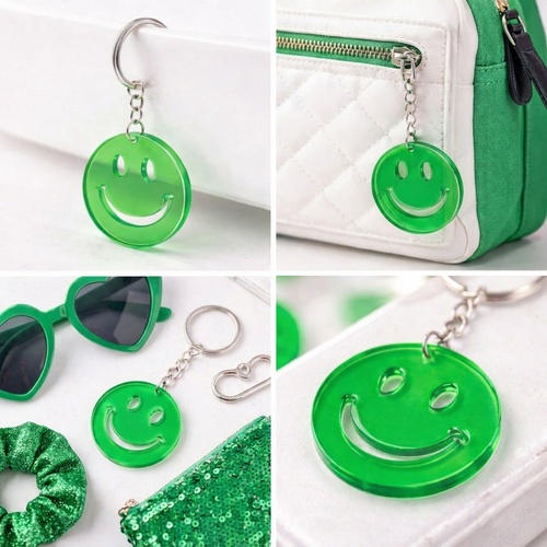 Smile Ye�il �effaf Pleksi Anahtarl�k - Canl� Neon Renkli G�len Y�z (Trend �anta S�s�)