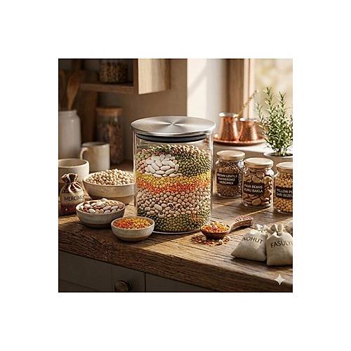 Metal Kapakl� 850 ml Yuvarlak Cam Kavanoz � �effaf Saklama Kab�