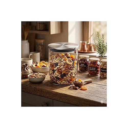 Metal Kapakl� 850 ml Yuvarlak Cam Kavanoz � �effaf Saklama Kab�