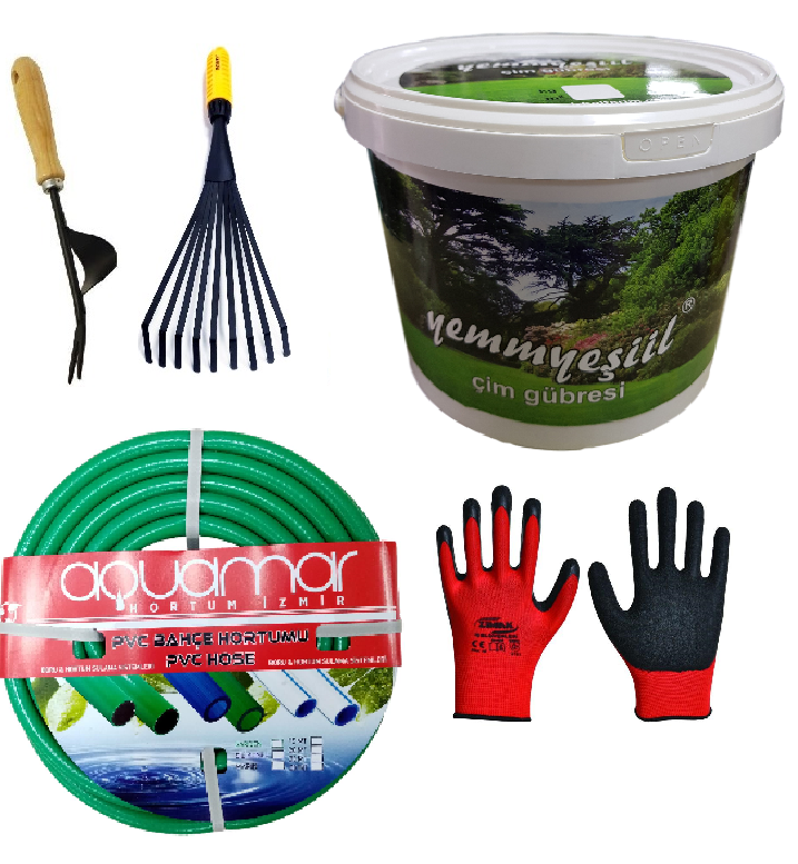 Çim Bakım Seti- 4 Kg Gübre-Hortum-Eldiven-Ot Sökücü-El Tırmığı