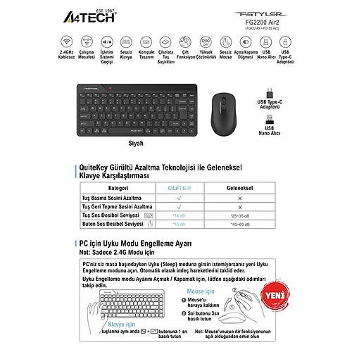 A4 TECH FG2200 AIR2 2.4 S�YAH QM�N� FN-MM KABLOSUZ SESS�Z SET
