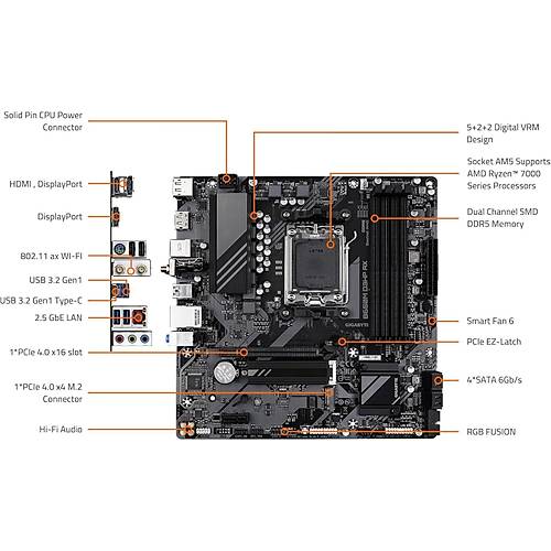 B650M-D3HP-AX 8000MHz OC DDR5 AM5 M.2 HDMI DP Micro-ATX Anakart