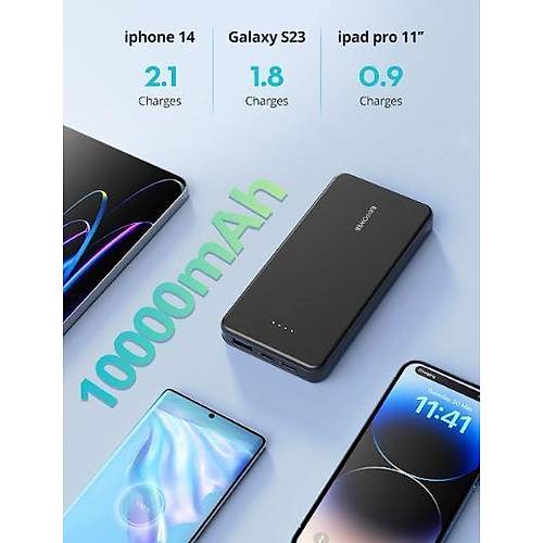 10.000mAh 15W 3 portlu 1A 1C 1Micro B �nce Siyah Powerbank