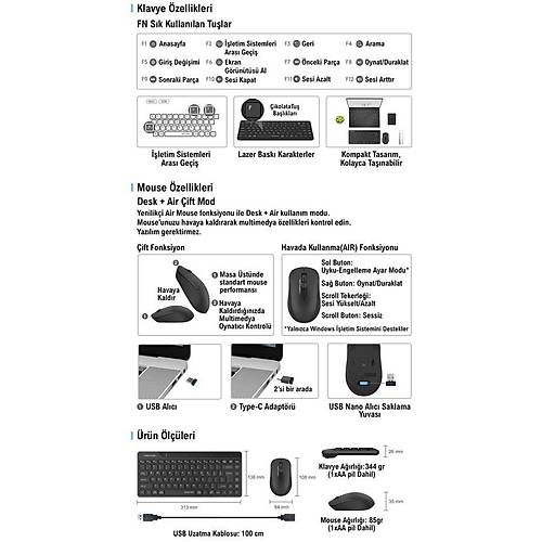 A4 TECH FG2200 AIR2 2.4 S�YAH QM�N� FN-MM KABLOSUZ SESS�Z SET