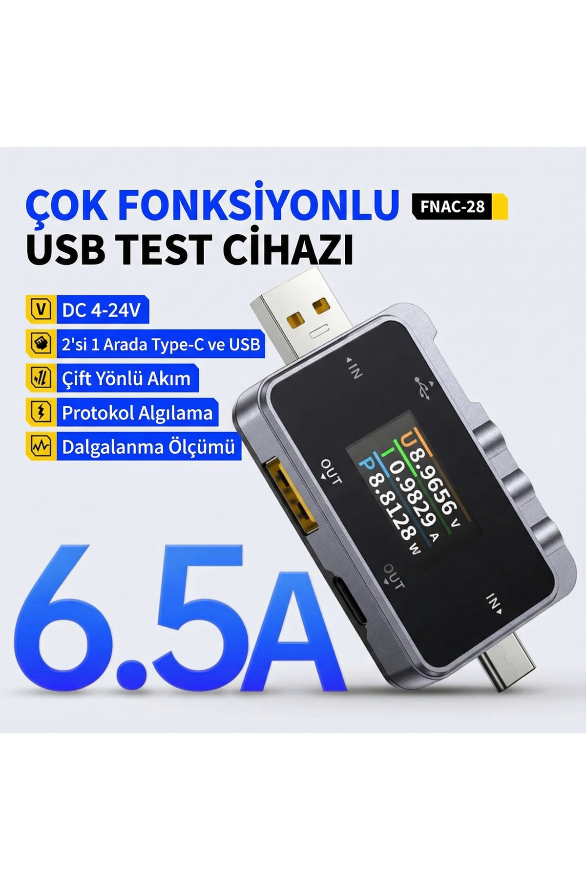 FNRSI FNAC-28 2'si 1 Arada Tip-C USB Test Cihazı Dijital Voltmetre Ampermetre