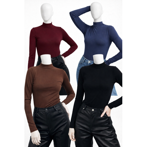 Kad�n Siyah Beyaz Ten Bordo 4'l� Uzun Kollu Body