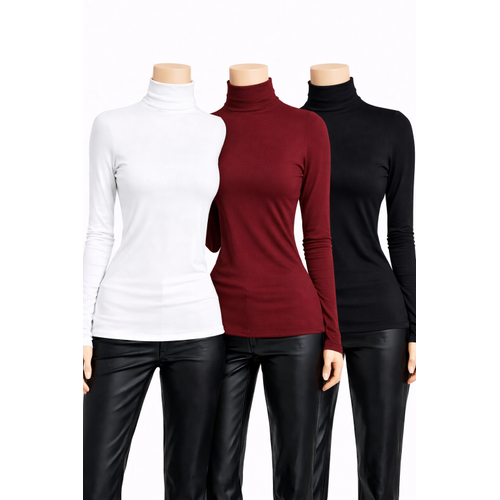 Kad�n Siyah Beyaz Bordo 3'l� Uzun Kollu Body