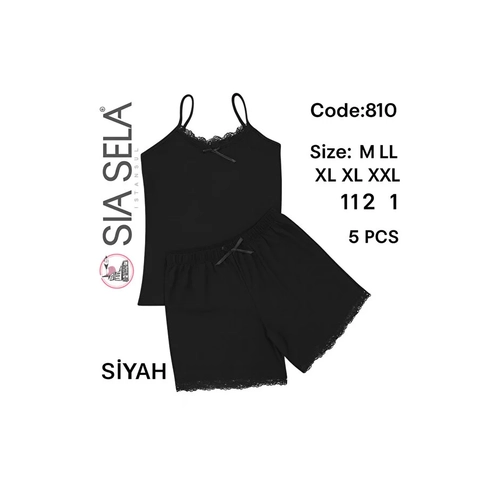 S�la Sella Kad�n Dantelli Siyah �p Ask�l� Gecelik Tak�m�