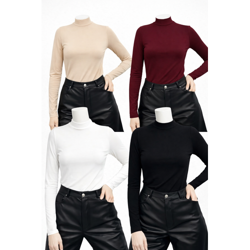 Kad�n Siyah Beyaz Ten Bordo 4'l� Uzun Kollu Body