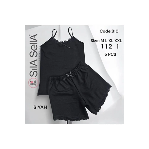 S�la Sella Kad�n Dantelli Siyah �p Ask�l� Gecelik Tak�m�