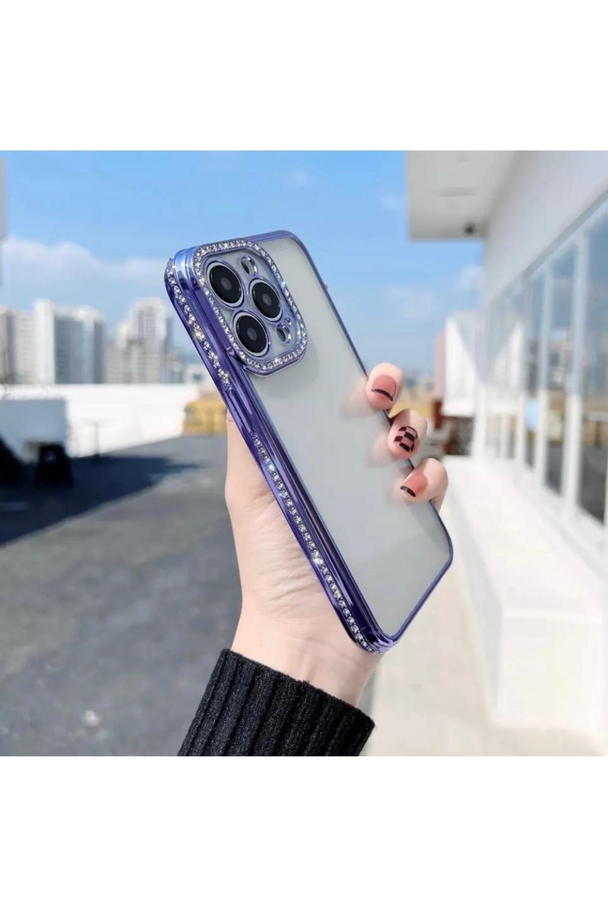 Iphone 12 Pro Max Uyumlu Kılıf Kamera Lens Korumalı Elmas Taşlı Arkası Şeffaf, Kenar Renkli Kılıf