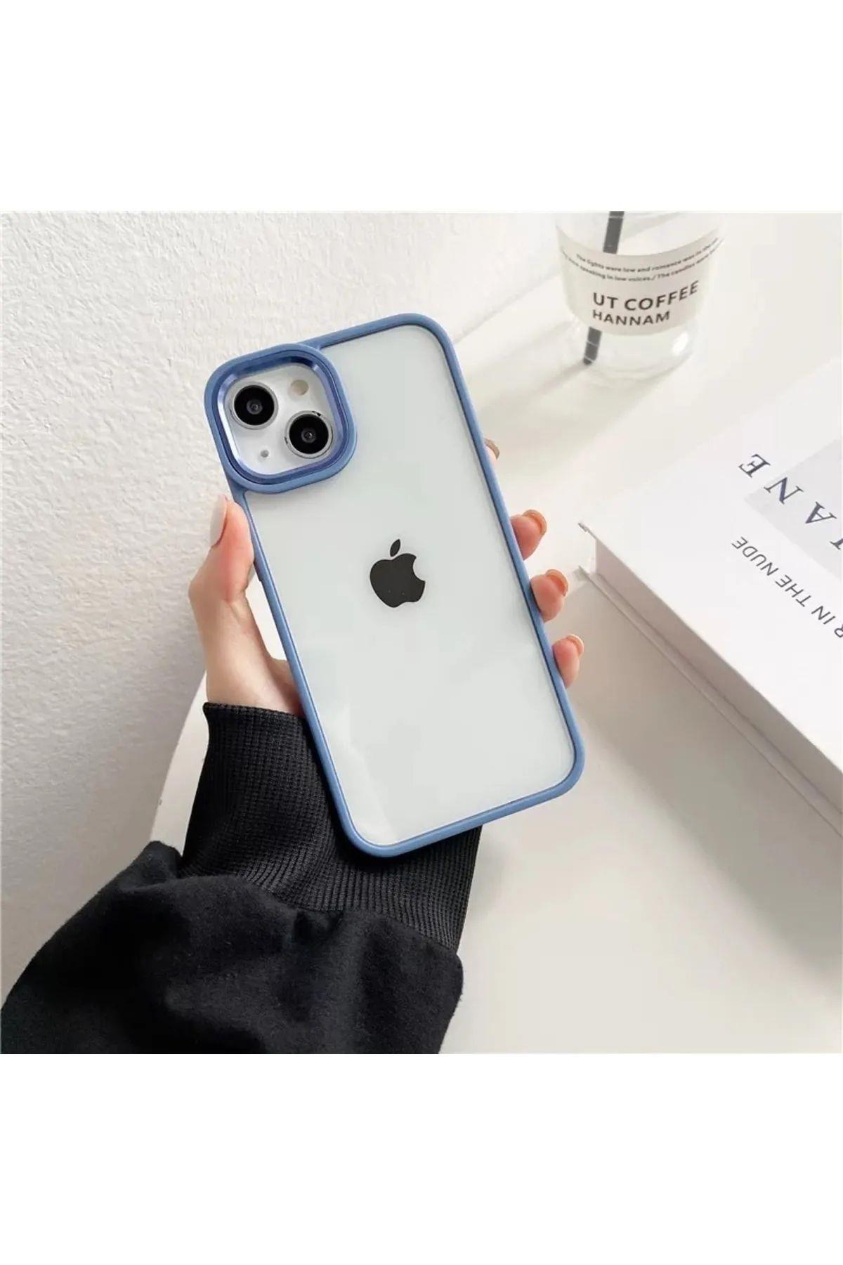 Iphone Uyumlu Kamera ve Kenarları Renkli Şeffaf Kılıf Bebe Mavisi