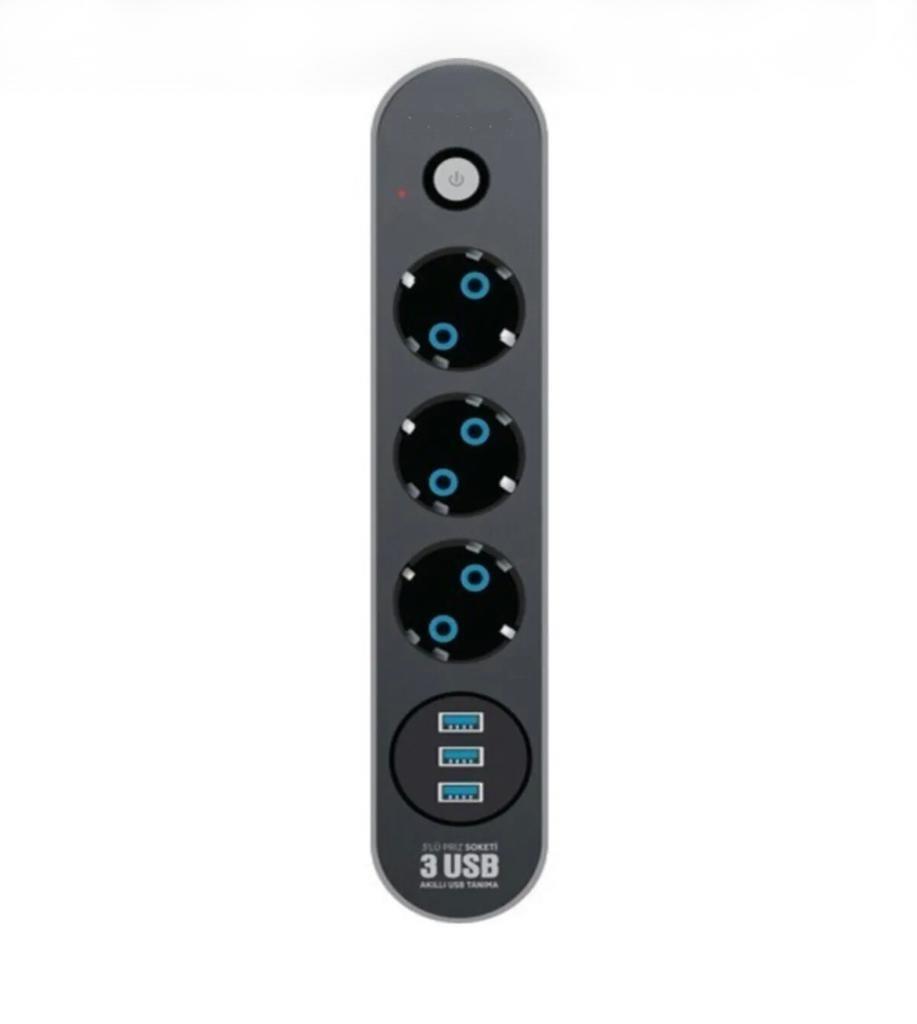 Termal Akım Korumalı Uzatma Kablosu 3Lü Priz 3Lü Usb 2Mt Kablo Uzunluğu