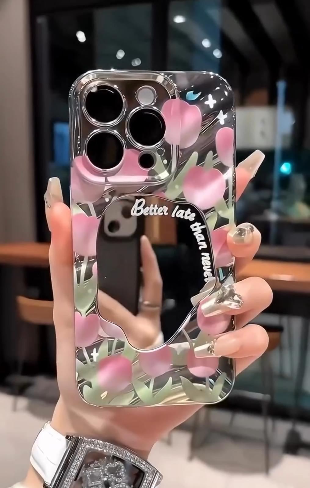 Aynalı Pembe Çiçek Desenli Telefon Kılıfı 